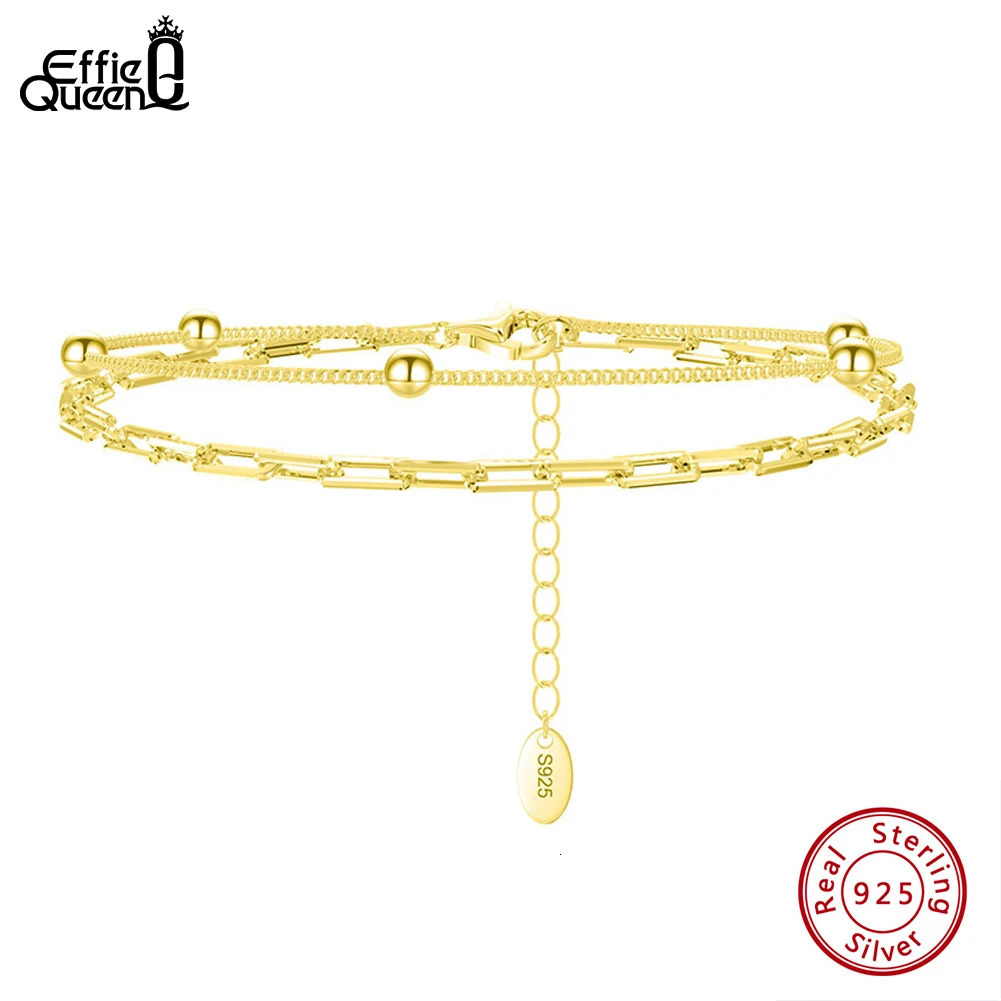 EFFIE QUEEN 14K Gold Dual Layers Paperclip Link Chain Bracelet 925 Sterling Silver Ball Decor Women Bracelets Jewelry Gift SB175 241214