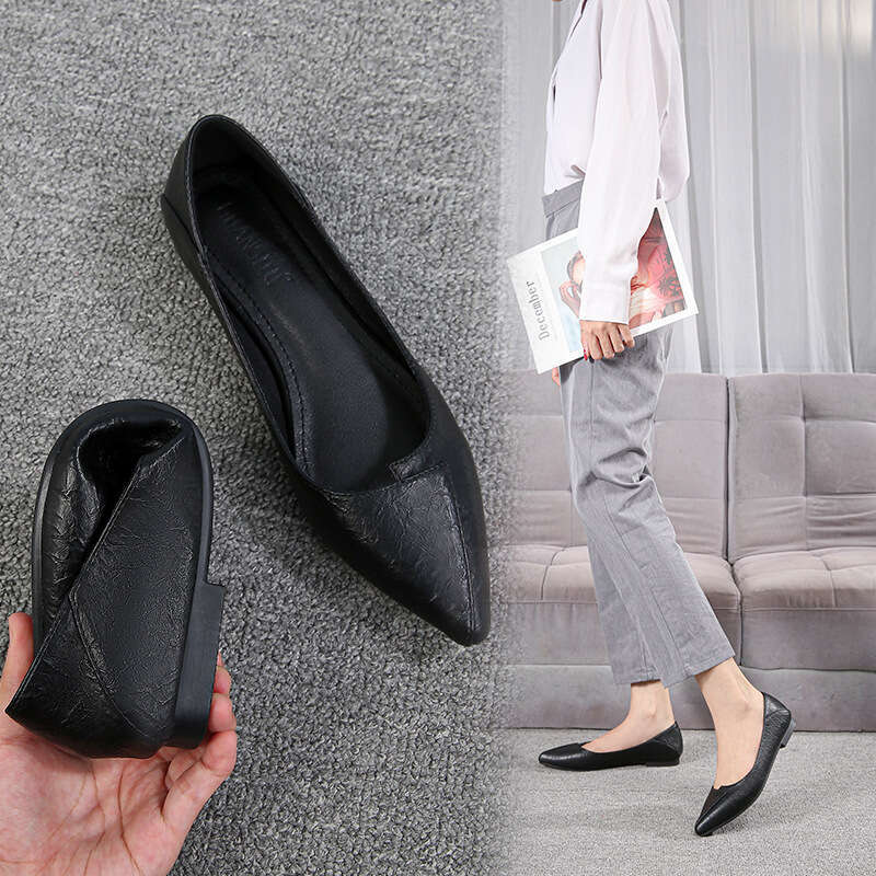 Work For Women, Black Flat Bottomed Soft Soled Front Desk Leather Shoes, Professional Work Interview, Hotel Anti Slip Flight Attendant Single Shoes