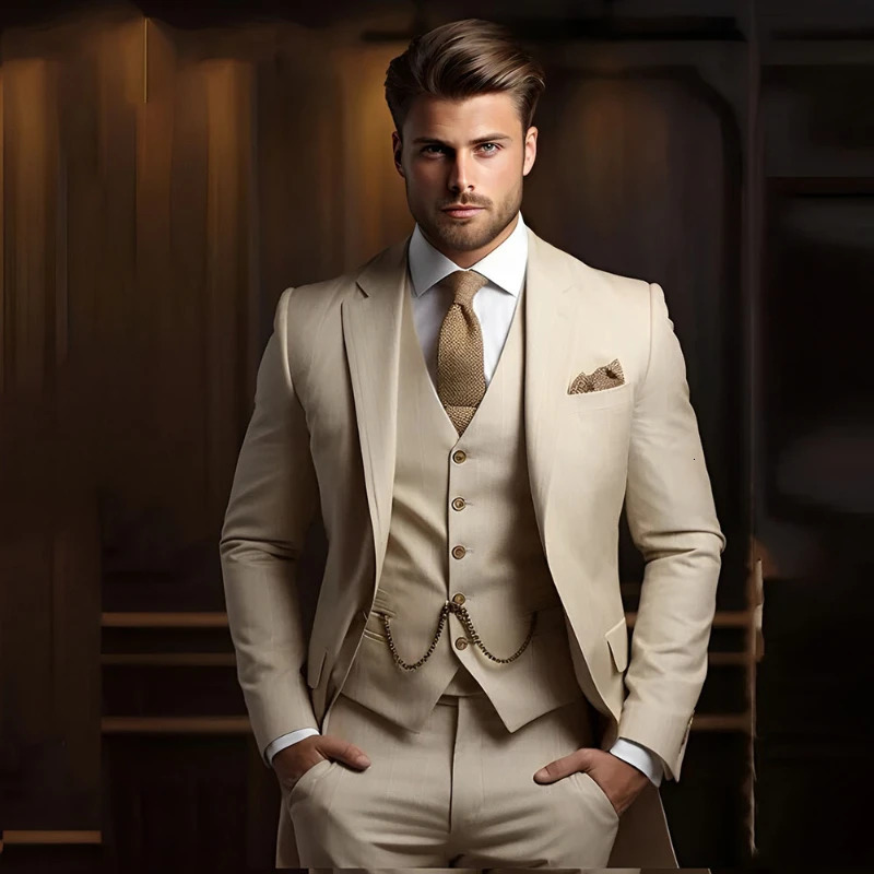 Formal Mens Suits for Groom 3 Pieces Khaki Wedding Groom Tuxedo Slim Fit Male Fashion Suit Jacket with Pants Vest 241220