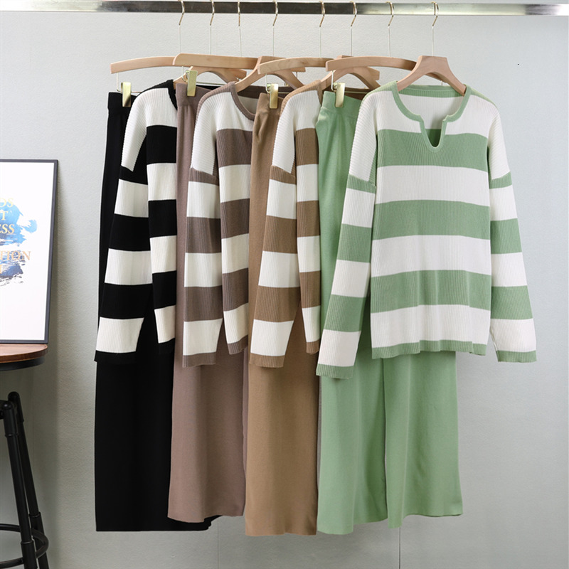 new Autumn New Retro Women Sweater Set Casual Pullovers Suits Striped Knitted Long Sleeve Elegance Tops Elastic Wide Leg Pant