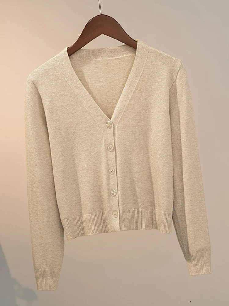 Sweater Knitted Cardigan Button Jacket 2024 Autumn Winter Vneck Long Sleeve Casual Short Tops For Women Grey White 241220