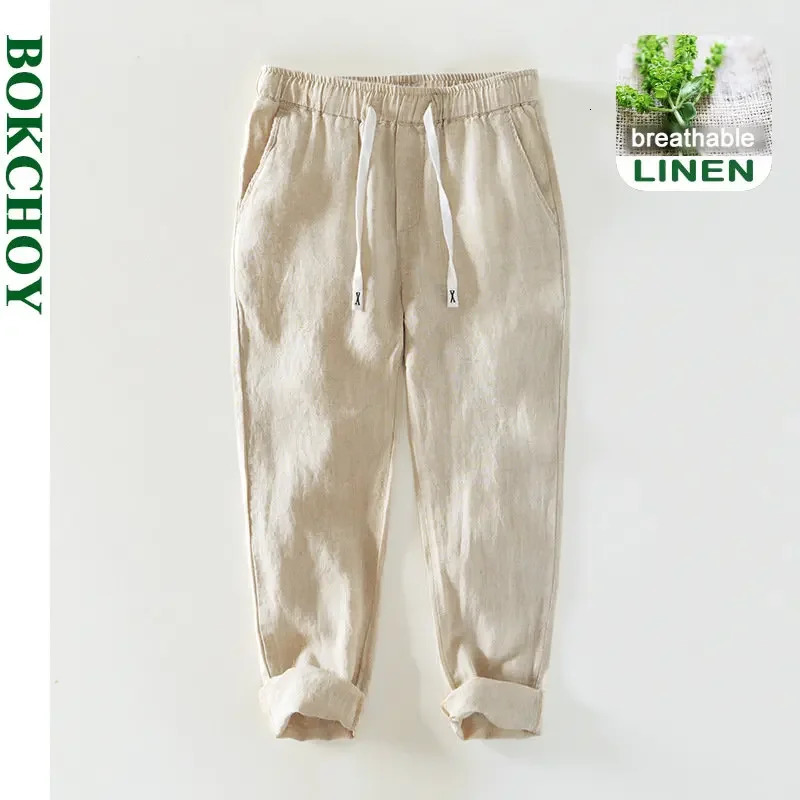 Spring and summer solid color 100% linen mens casual simple oversized mens pants 241219