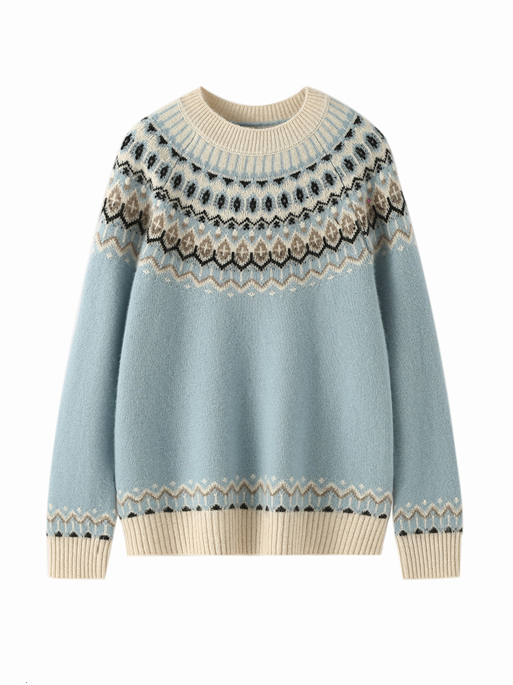 Women's Vintage Mock Neck Pullover Autumn Winter 100% Cashmere Knitwear Thick Jacquard Sweater Tops