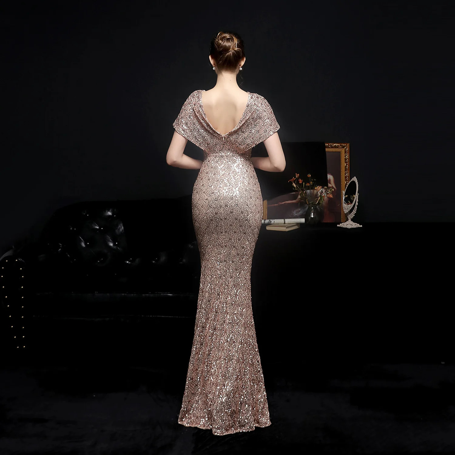 DEERVEADO Elegant Gold Sequin Dress for Women Evening Dress with Beads Cap Sleeve Mermaid Party Dresses Evening Gown K18611 241217