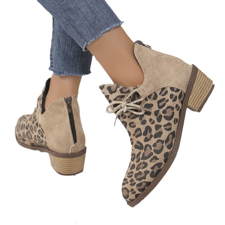 2024 autumn and winter cross-border women's shoes new European and American style pointed square heel leopard print fashion short boots for women