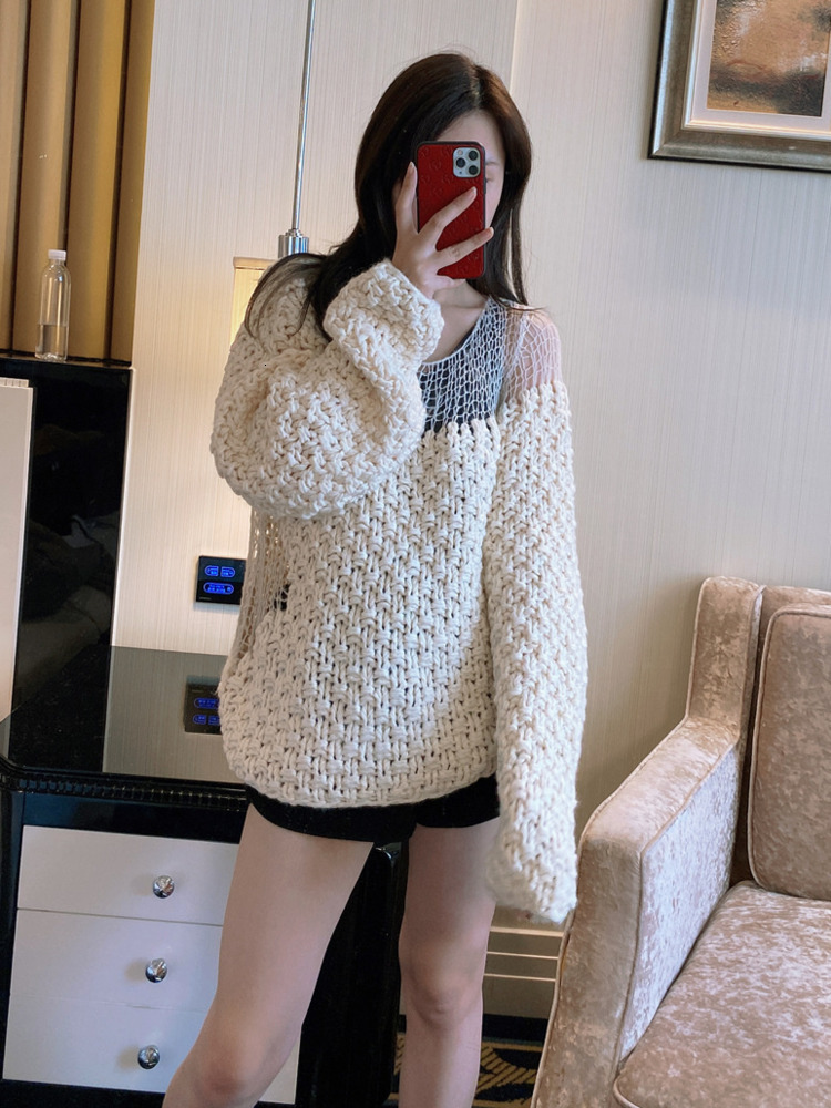 SHENGPALAE Fashion Chic Hollow Out Sweater Women's Autumn 2024 New Round Neck Loose Long Sleeve Knitted Pullovers Female 5E3541