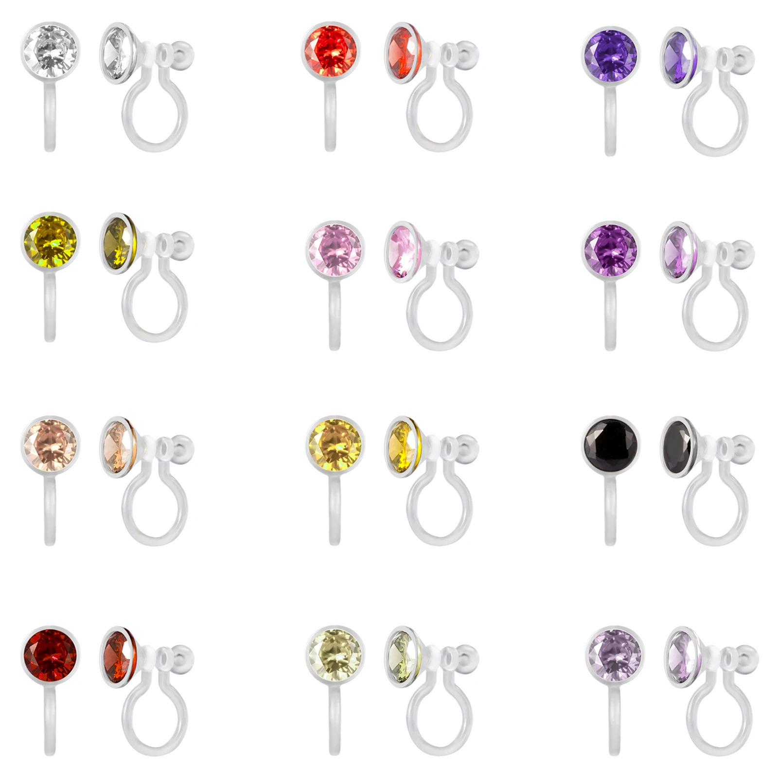12 Pairs Plastic invisible Clip On Earrings for Sensitive EarsBirthstone Cubic Zirconia Earring Sets Non Pierced Ear for girls 241220