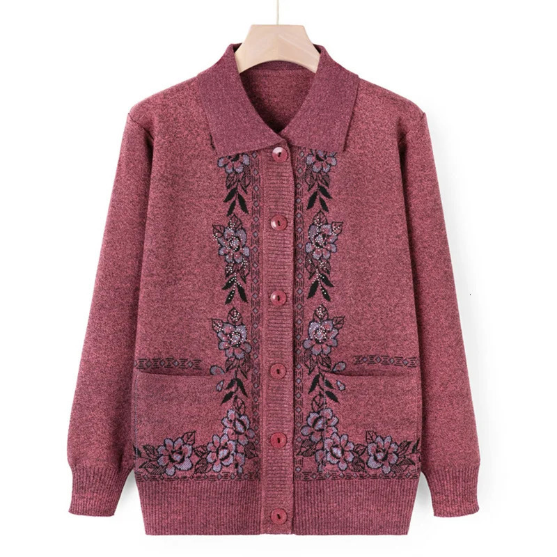 Middle Aged Elderly Mother Woolen Coat Lapel Collar Women Spring Autumn Knitted Cardigan Sweater Female Knitwear Jacket 241220