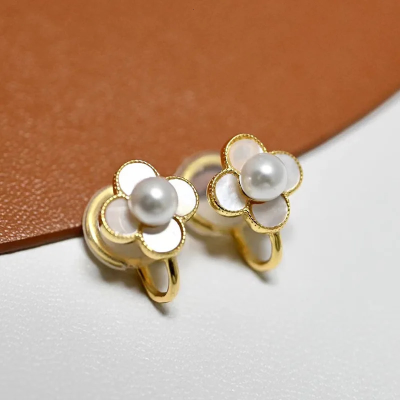 MeiBaPJ 5-6mm Natural Round Pearls Fashion Clip Earrings 925 Silver Fine Wedding Jewelry for Women DIY Empty Tray 241220