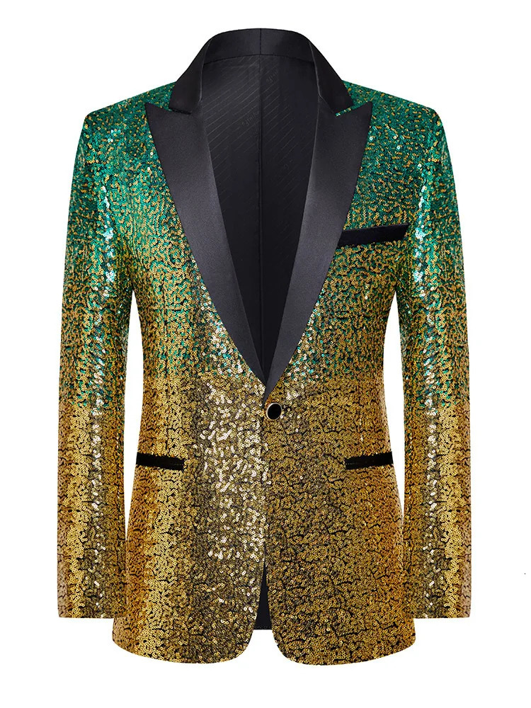 Gradient Color Sequins Tuxedo Suit Coat Men Wedding Groom Prom Glitter Jacket Bar Concert Singer Host Stage Blazer Gold 241218