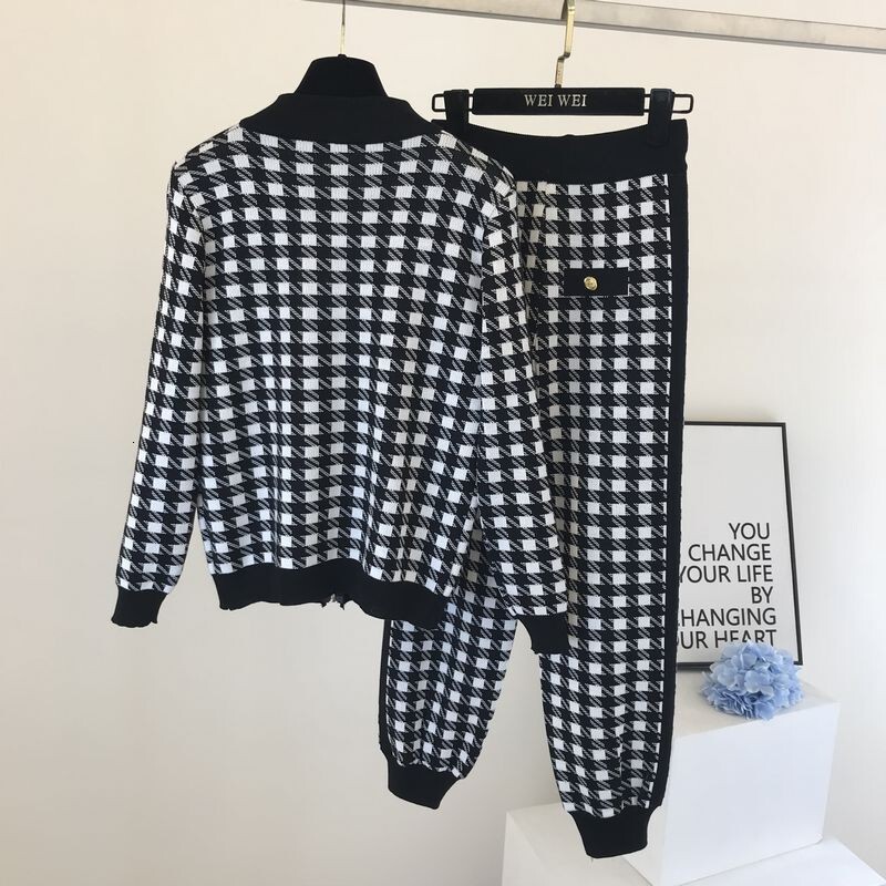 Spring Women Knit Sweatshirts Suit Knitted Tracksuit Houndstooth 2 Zipper Plaid Cardigan Coats Pants Two Piece Set