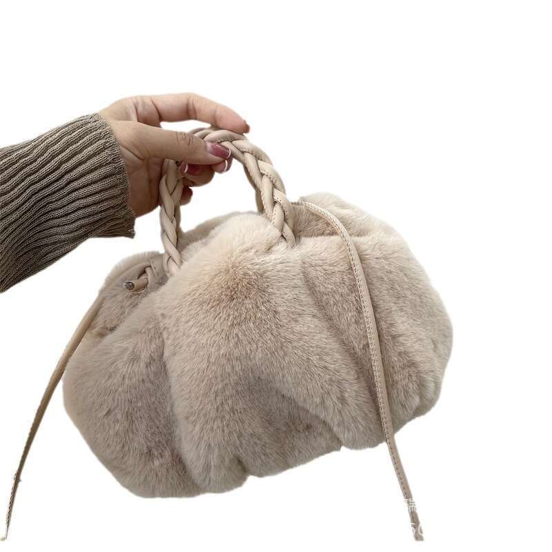 Autumn and Winter New Imitation Woolen Women's Pumpkin Drawstring Woven Rope Handbag Single Shoulder Crossbody Plush Bag
