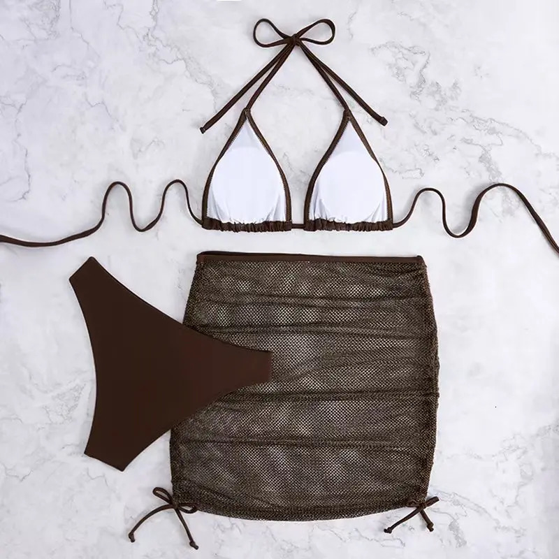 3-Piece Solid Triangle Striped Bikini 2025 Sexy Womens Drawstring Swimsuit 241220