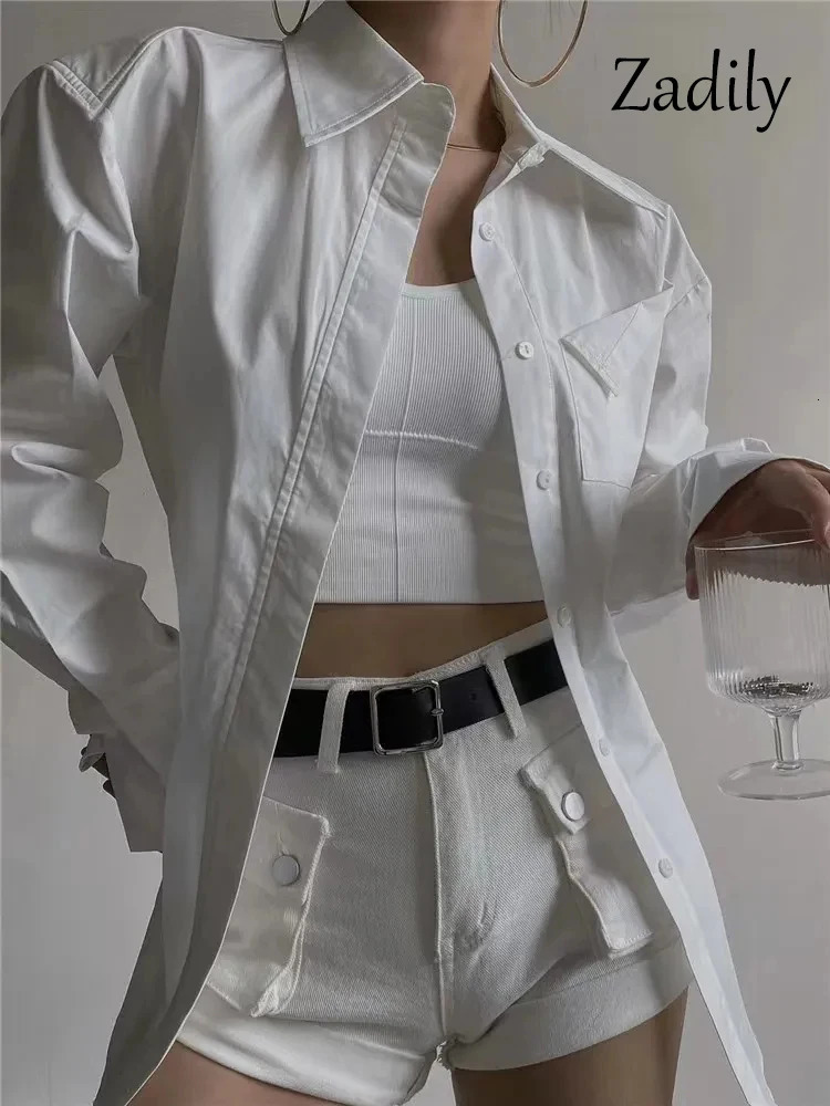 Zadily Summer In Streetwear Long Sleeve White Shirt Women Minimalist Pocket Button Up Ladies Tunic Blouse Female Tops 241218