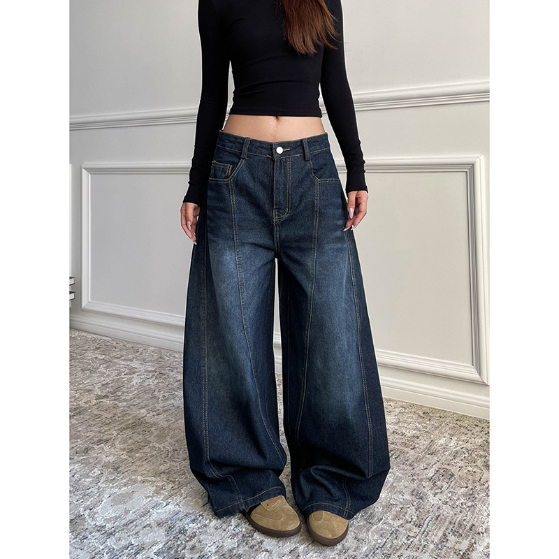 Blue Women's Retro Y2k 2000S Wide Leg Baggy Casual Denim Trouser High Waist Loose Jeans Autumn Haruku Full Length Pants