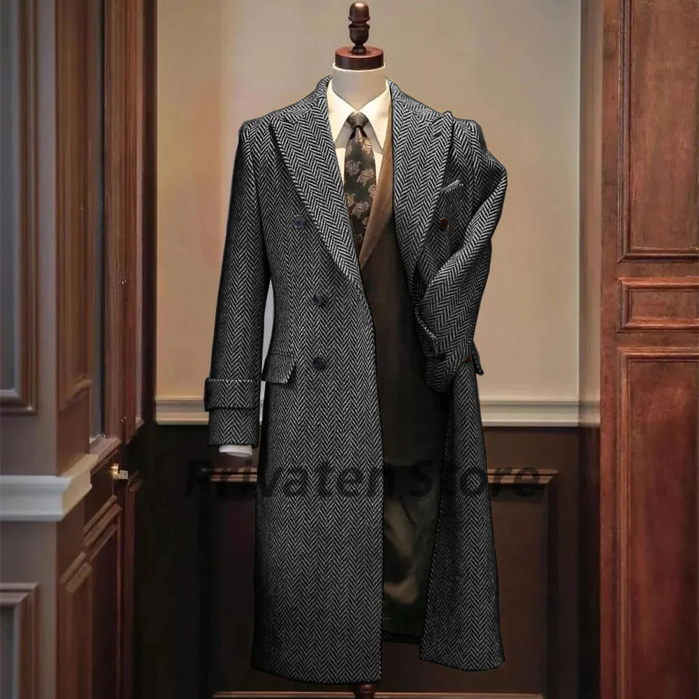 Men Jackets Notched Herringbone Lapel Blazer High Quality Suit Long Coat Windbreaker Camping Mens clothing chaquetas hombre 241218