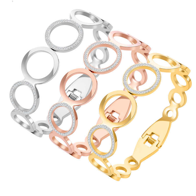 fashionable hollow out circle inlaid circular for womens trend versatile stainless steel jewelry goldplated bracelet