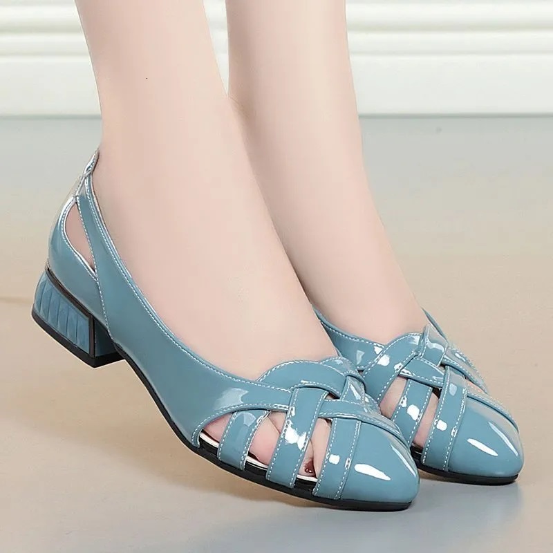 Women Cute Light Weight Hollow Out Spring & Summer Slip On Office Heel Lady Casual Black Patent Leather Party Shoes A17