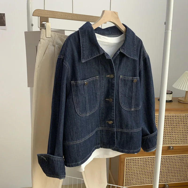 Retro dark blue denim jacket womens short sleeved lapel single chest loose wash womens long sleeved Jean Coats 241219