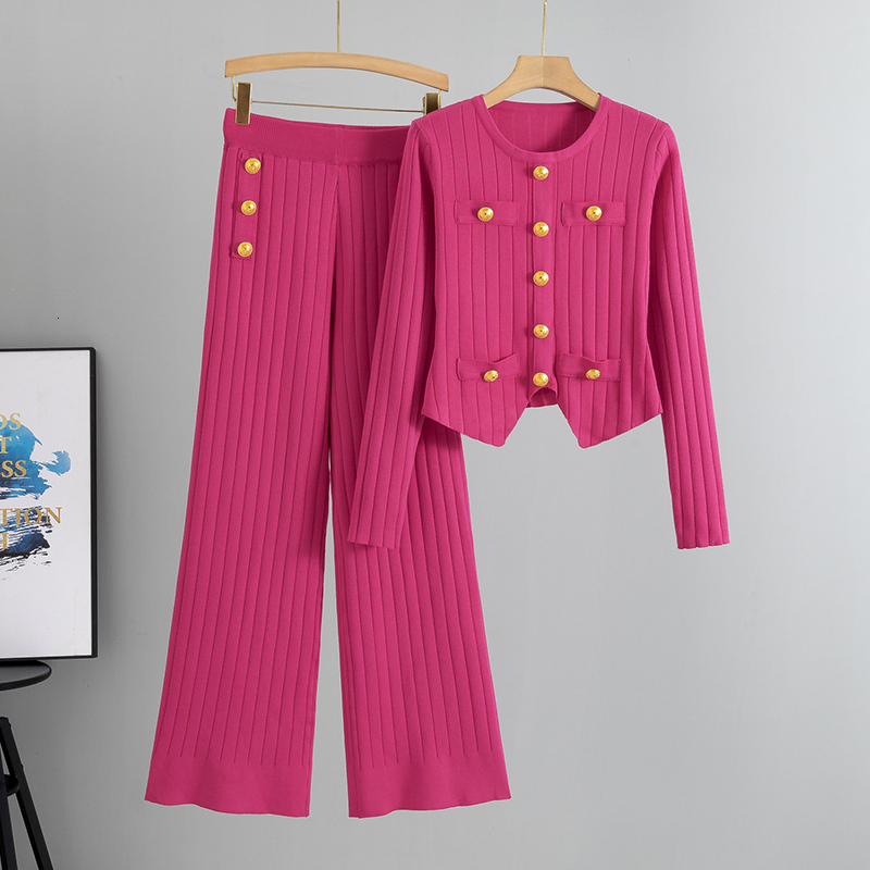 Elegant Fashion OL Winter Suits Women Sleeves Chic Buttons Pullovers+Elastic Long Pants Vintage Sweater Two Pieces Sets