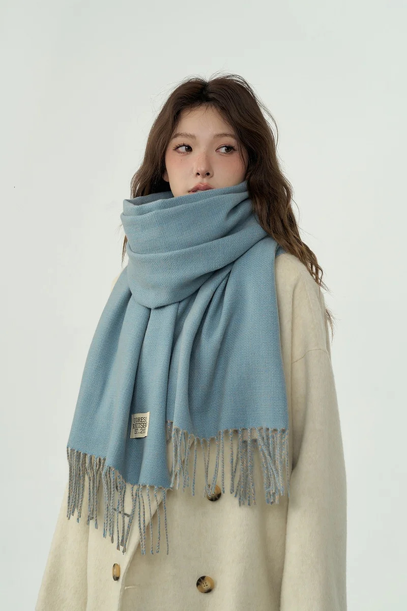 Solid Color Double-Side Cashmere Winter Women Scarf Korea Style Warm Shawl Outdoor Neckerchief Pashmina Tassel Lady 241220