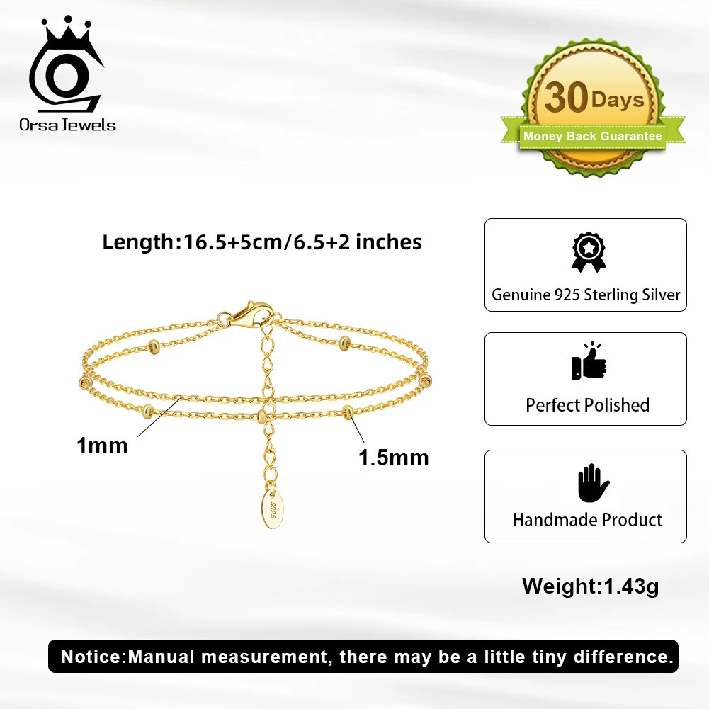 ORSA JEWELS 925 Sterling Silver Double Layer Bracelet Chain Simple Small Ball Beads for Womens Birthday Gift Jewelry SB200 241214