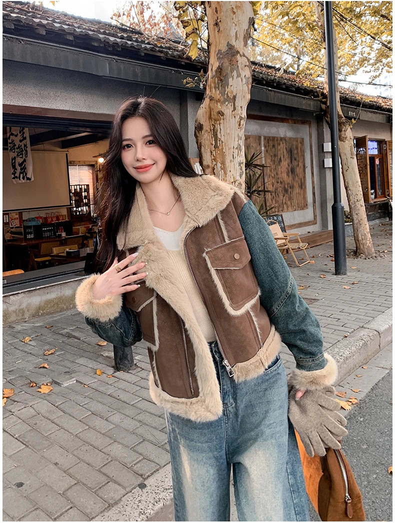 Winter Sheepskin Fur Thicken Parka Jacket Shearing Sheep Velvet Spliced Denim Jacket for Women Warm Velvet Fur Overcoat 241217