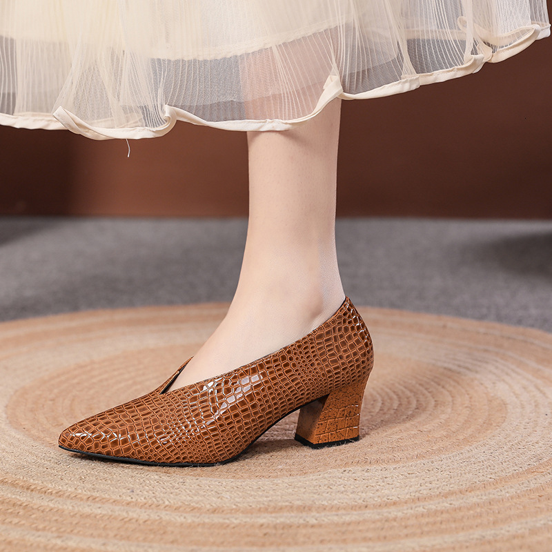 Cross border 2024 New Large Spring and Autumn Snake Skin Pattern Coarse Retro Shallow Mouth Pointed Coarse Follow Shoes for Women Wholesale