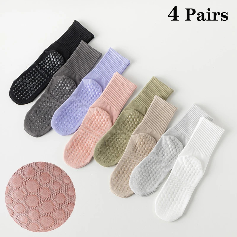 4 pairs of simple solid color yoga socks suitable for womens small and medium-sized leg Pilates socks silicone anti slip fitness indoor gym training s