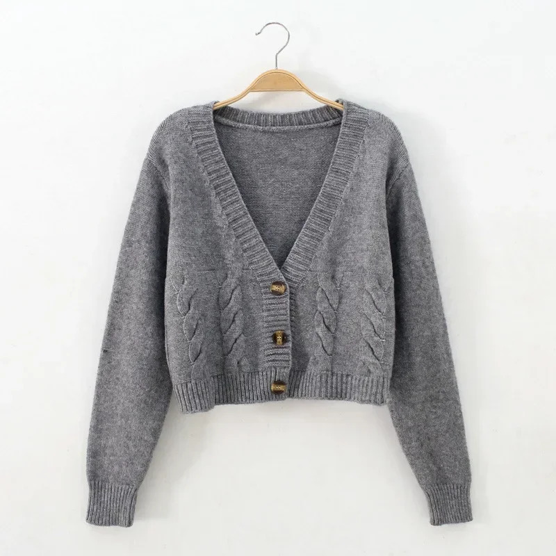 V Neck Cropped Cardigan Women Long Sleeve Twist Knitted Sweater Coats Autumn Winter Keep Warm Korean Fashion Jacket 241220