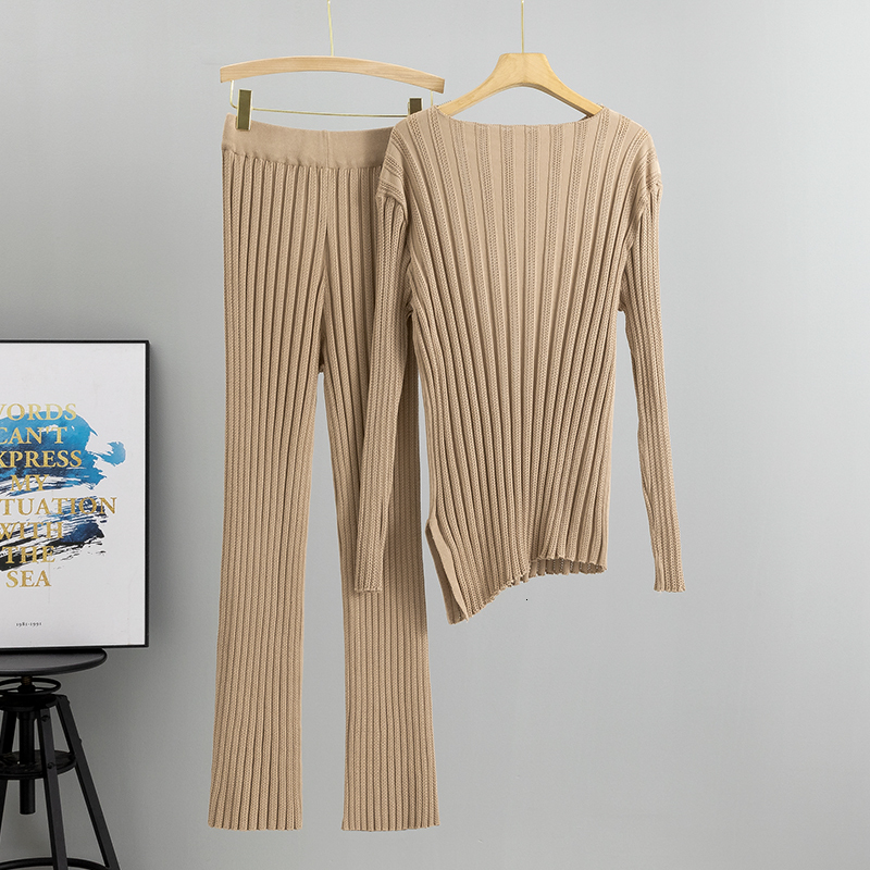 new Spring Summer Women Knitted Top Sets Fashion Causal Hollow Out Sweater Elastic Waist Pants Suits