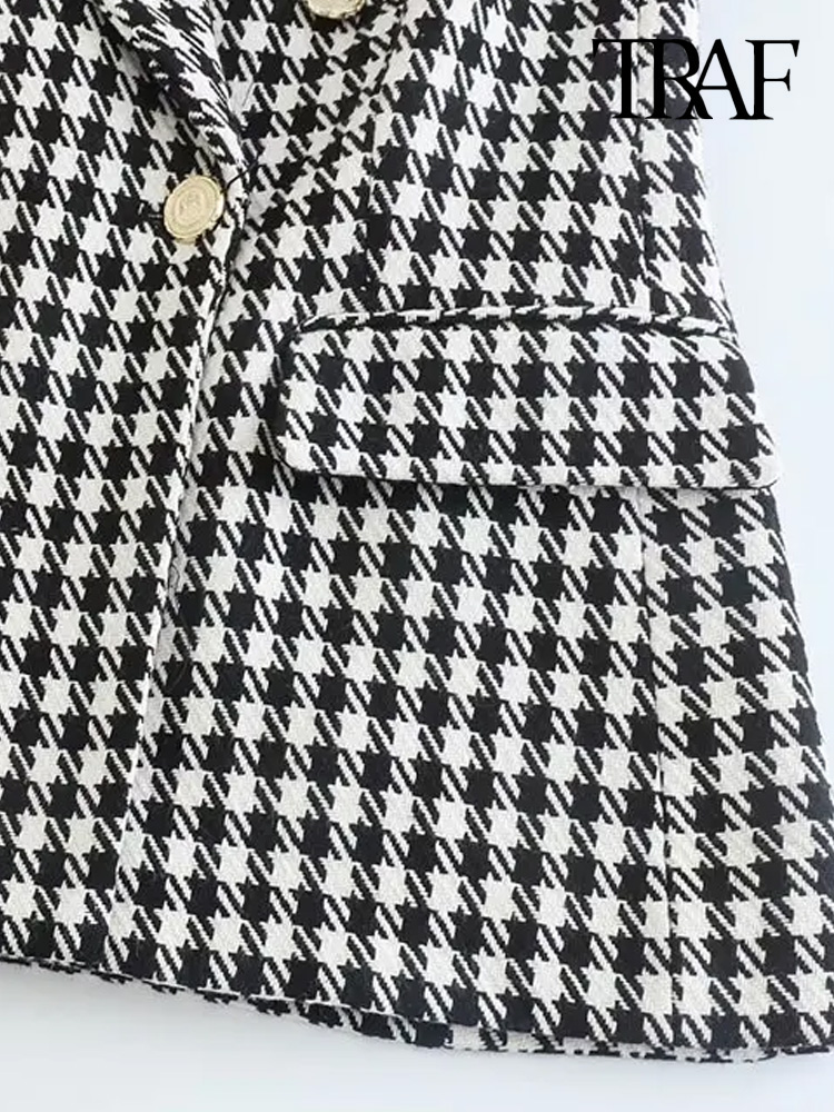 TRAF Women Fashion Double Breasted Houndstooth Blazer Coat Vintage Long Sleeve Flap Pockets Female Outerwear Chic Vestes