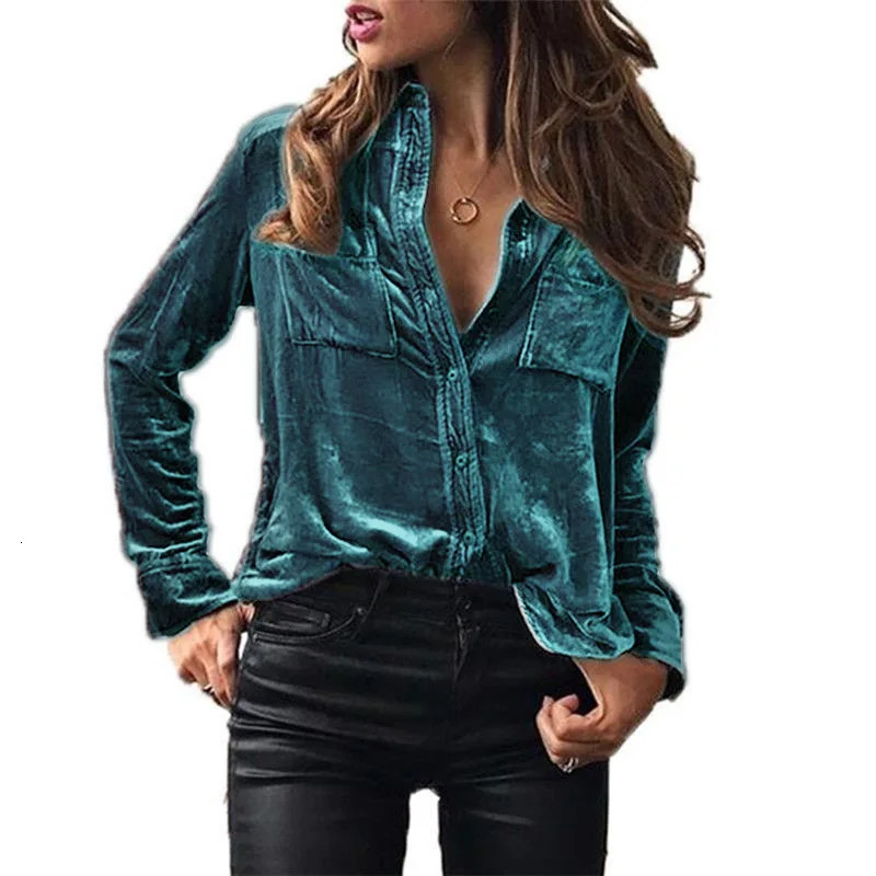 Shirt for Women Autumn Velvet Button Up Velour Ladies Pocket Winter Long Sleeve 241218