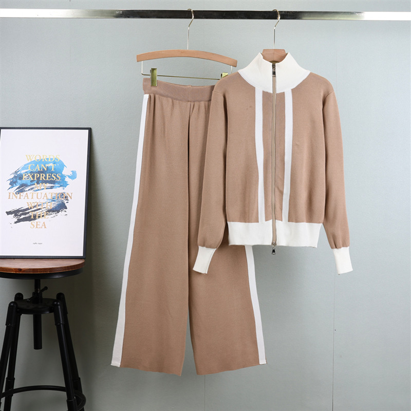 new Knitted Jacket Pant Set For Women Casual Long Sleeve Zipper Coat Vintage Sweatshirt Suit Autumn Woman Streetwear