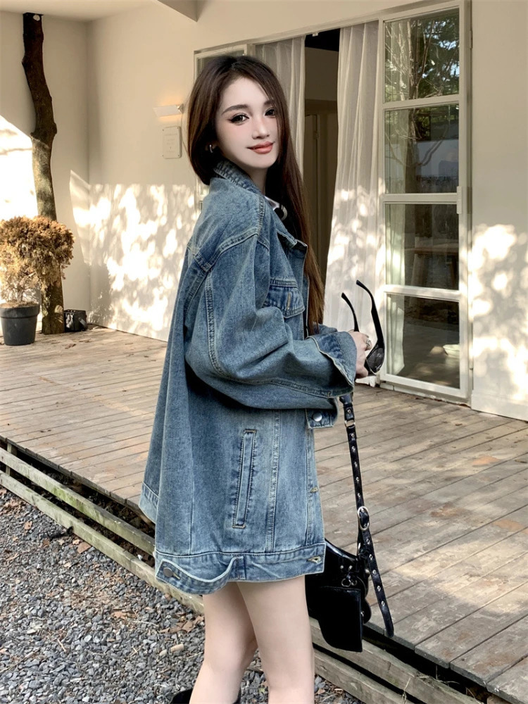Denim jacket womens retro BF autumn coat street fashion womens Korean fashion trend street clothing Y2k coat aesthetics Ins 241219