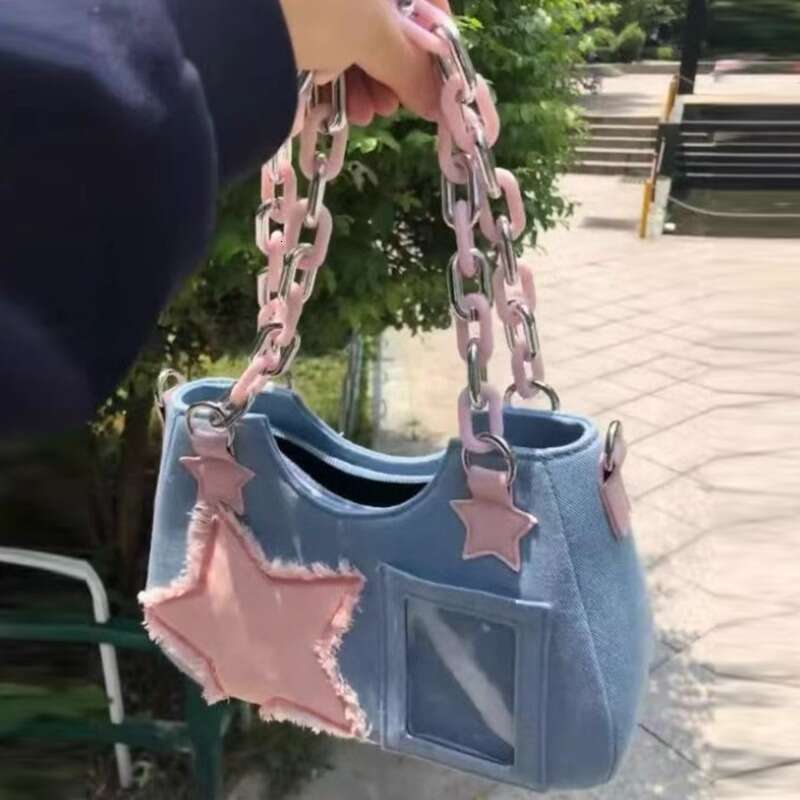 Y2K Vintage Shoulder Korean Fashion Underarm Haruku Star Tote Denim Bag Chain Ladies Bags Zip Purses Handbags Women