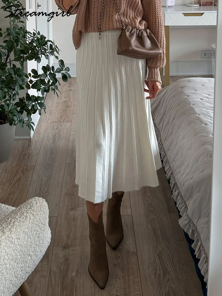 Knit Black Mini Pleated Skirts For Women A Line Winter Short Skirt Lady Gray High Waist Knitted White 241217