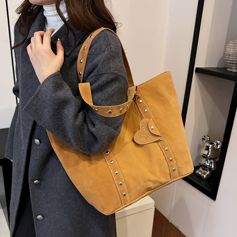 Bag New Tote Fashionable Frosted Suede Shoulder Bag, Casual Versatile Rivet Handbag