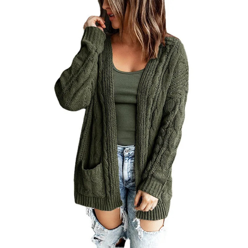 Solid pocket middle long solid Fried Dough Twists knitting cardigan coat autumn and winter sweater women 241220