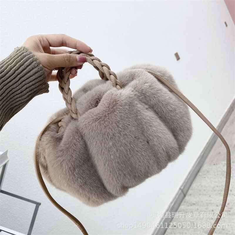 Autumn and Winter New Imitation Woolen Women's Pumpkin Drawstring Woven Rope Handbag Single Shoulder Crossbody Plush Bag