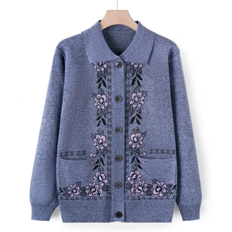 Middle Aged Elderly Mother Woolen Coat Lapel Collar Women Spring Autumn Knitted Cardigan Sweater Female Knitwear Jacket 241220