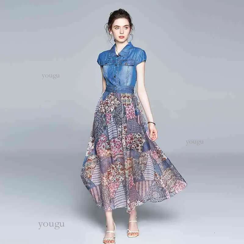 Fashion Women Summer Elegant Denim Dress High Quality Vintage Chiffon Print Runway Dresses Vestidos 210520