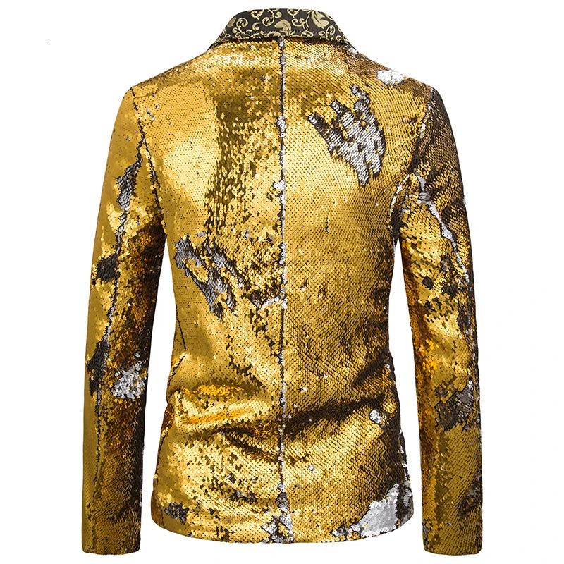 Styilsh Gold Sequin Singer DJ Men Suit Coat Twocolor Stitching Floral Collar Patchwork Blazer Stage Prom Party Nightclub Jacket 241218
