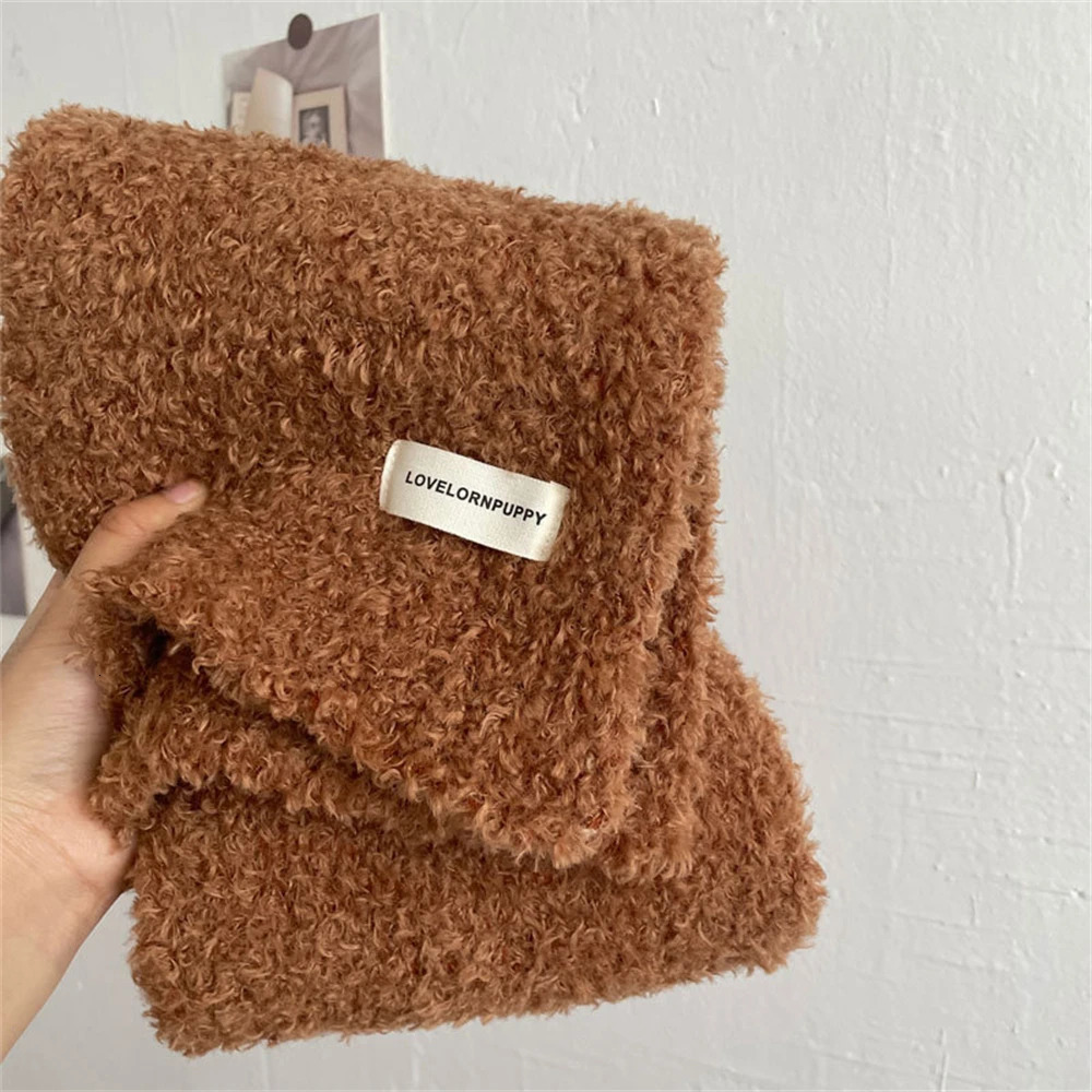 Korean Soft Teddy Velvet Scarf Women Winter Warm Comfortable Scarf High Quality Solid Color Label Shawl Girls Cashmere Muffler 241220
