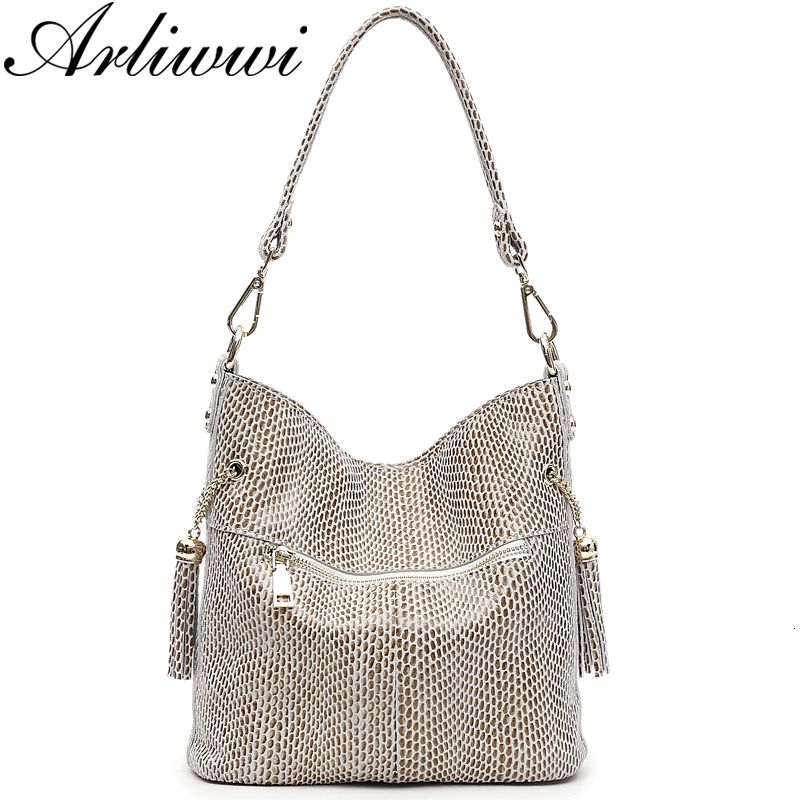 Arliwwi Designer New Real Leather Shiny Snake Pattern Emed Female Shoulder Bags High Quality Women Everyday Handbags Gy13