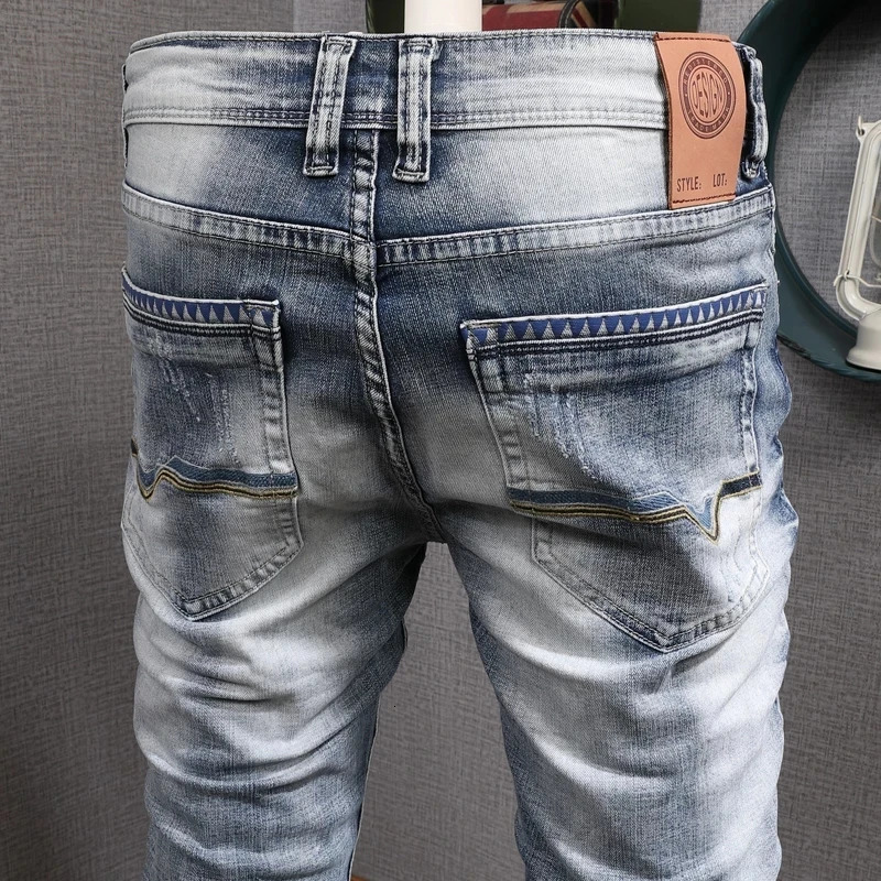 Fashion Men Jeans Retro Light Blue Stretch Slim Fit Printed Ripped Jeans Men Hole Trousers Vintage Casual Pants Hombre 241219