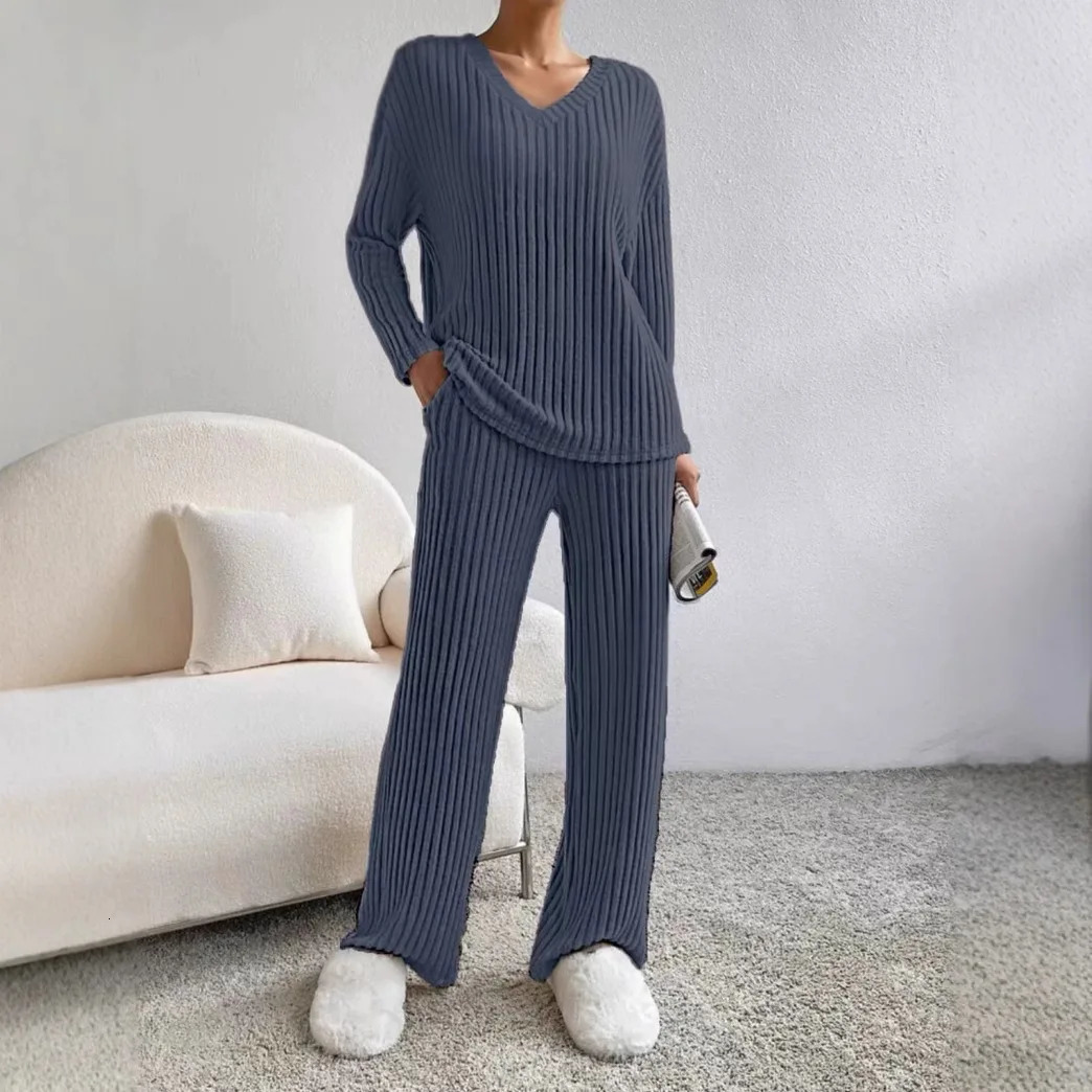 Fashion Casual Vneck Long Sleeve Loose Womens Pants Set Two Piece 241211