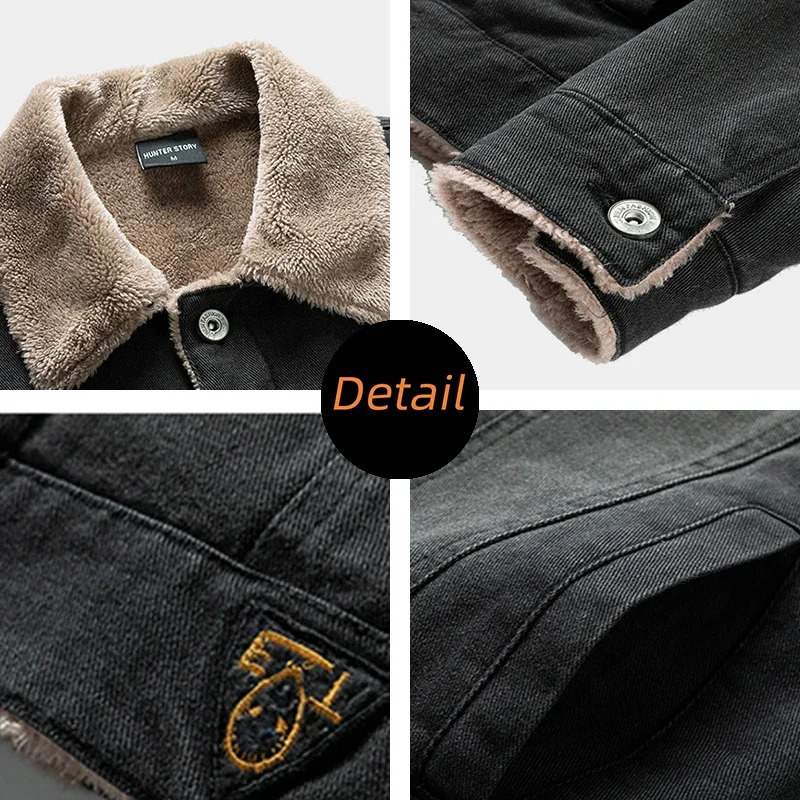 Men Autumn and Winter Denim Jackets Fleece Solid Lapel Fashion Motorcycle Jeans Hommes Slim Fit Cotton Casual Black Blue Coat 241216