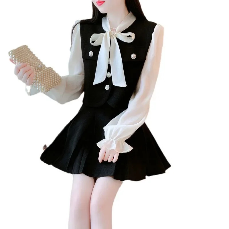 Spring and summer French style social suit dress two pieces of coarse tweed bow tie shirt high waisted mini for women 241211