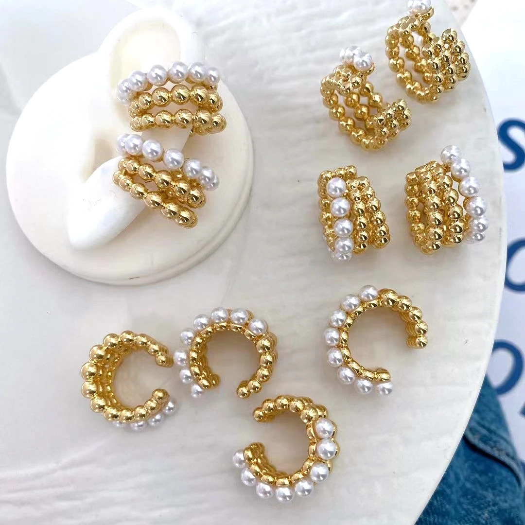 5Pairs Korean Women Gold Plated Pearl Shell Ear Cuff Vintage Geometric Circle Earcuff Piercing Pearls Clip on Earings 241220